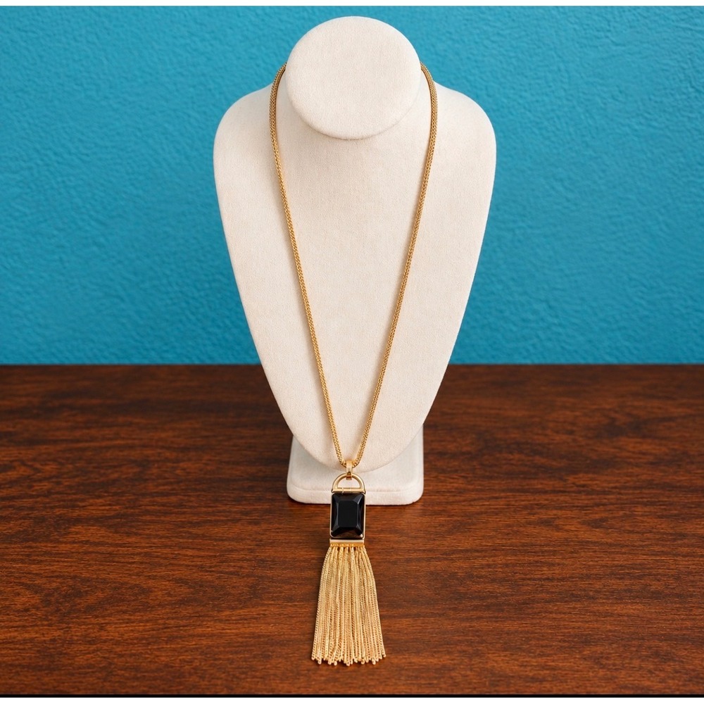 Charming Charlie Gold Tone Tassel Necklace Black Pendant Long Snake Chain
